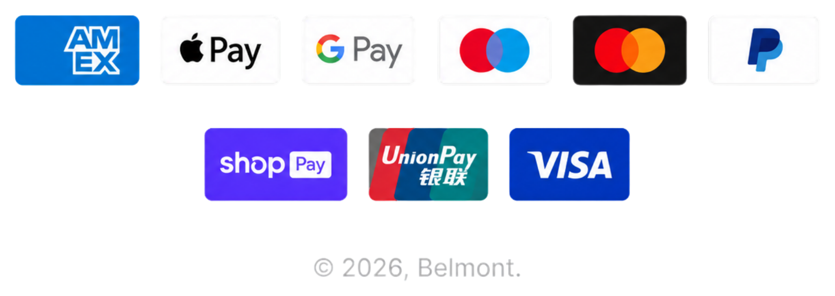 Akzeptierte Zahlungsarten: American Express, Apple Pay, Google Pay, Maestro, Mastercard, PayPal, Shop Pay, UnionPay und Visa
