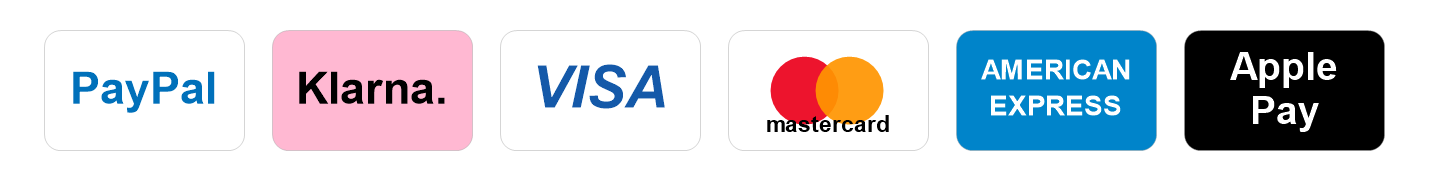Akzeptierte Zahlungsarten: PayPal, Klarna, Visa, Mastercard, American Express und Apple Pay